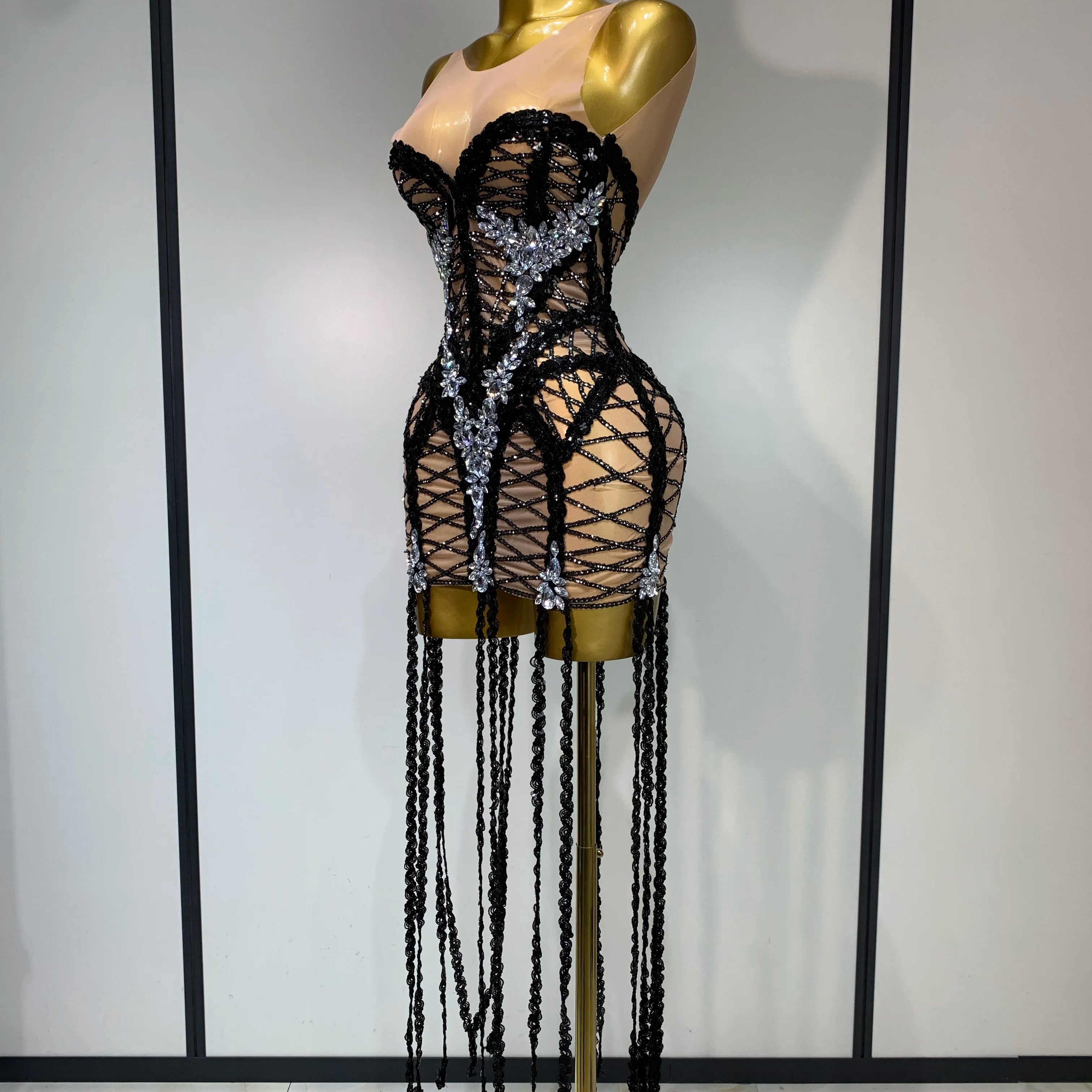 Luxury Birthday Sparkle Sequins Diamonds Long Tassel Sleeveless Mini Dress Women Red Carpet Goddess Stage Performance Costume