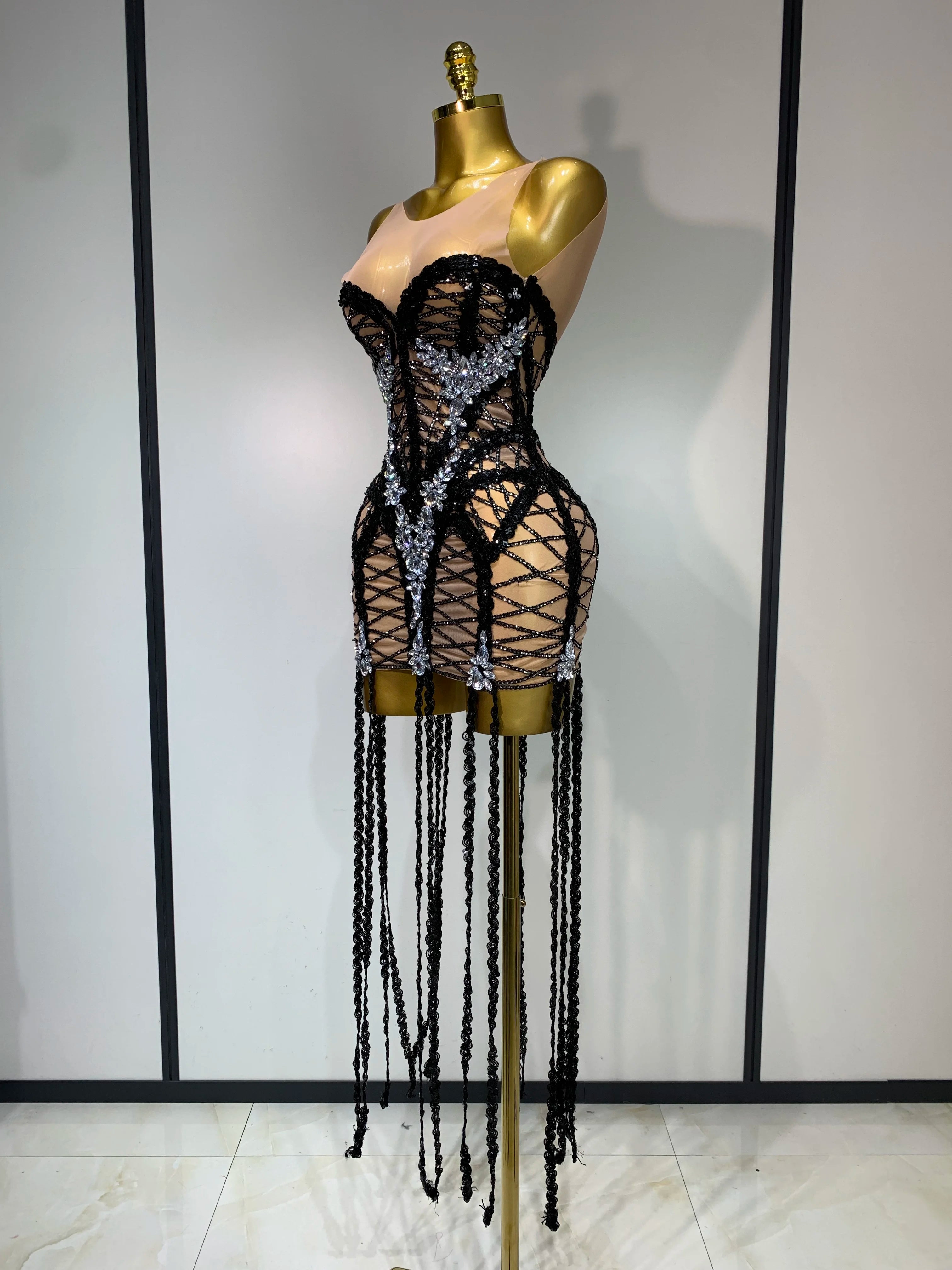 Luxury Birthday Sparkle Sequins Diamonds Long Tassel Sleeveless Mini Dress Women Red Carpet Goddess Stage Performance Costume