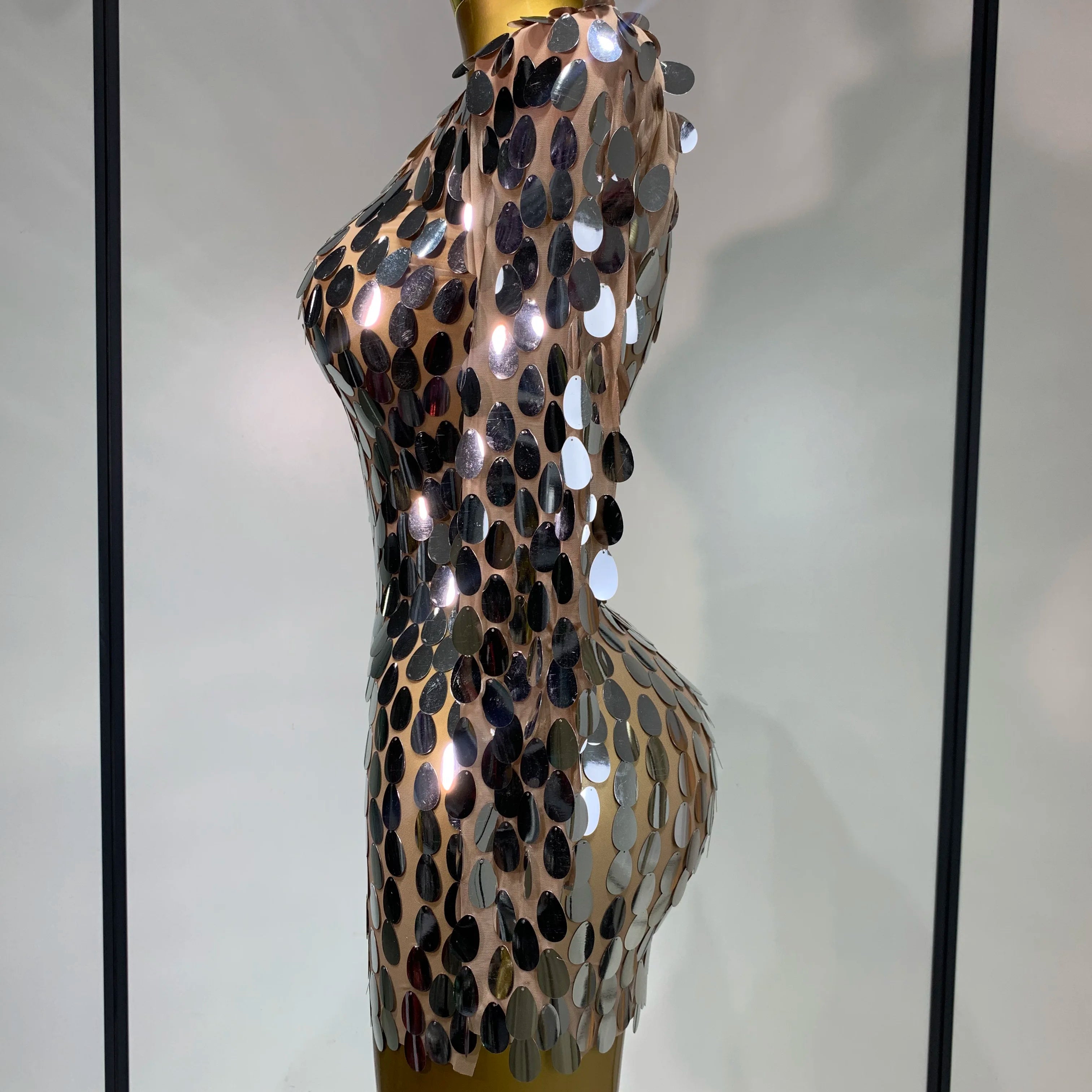 Women Sexy Mesh Stretch Sparkly Sequins Stage Performance Costume Dancer Singer Nightclub Evening Party Luxury Birthday Dress