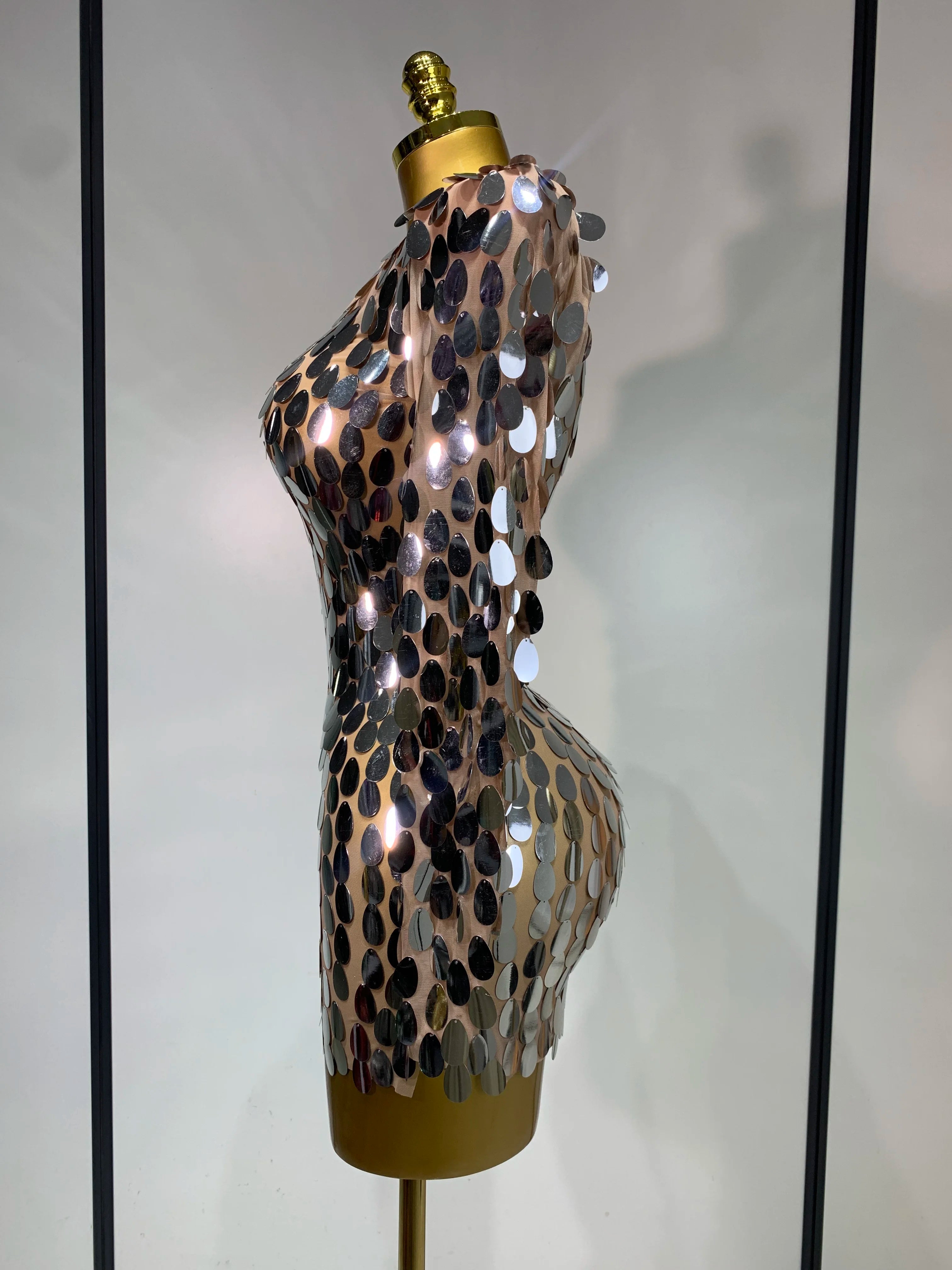 Women Sexy Mesh Stretch Sparkly Sequins Stage Performance Costume Dancer Singer Nightclub Evening Party Luxury Birthday Dress