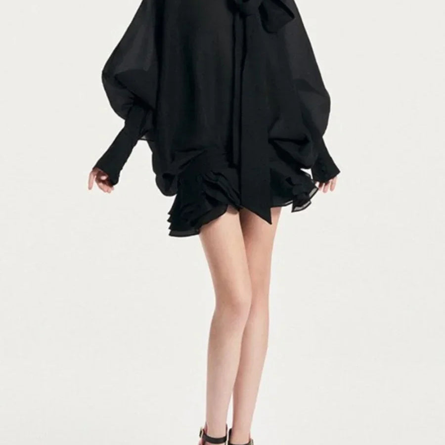 Solid Slimming Fashion Mini Dresses for Women Round Neck Long Sleeves Patchwork Lace Up Temperament Dress Female