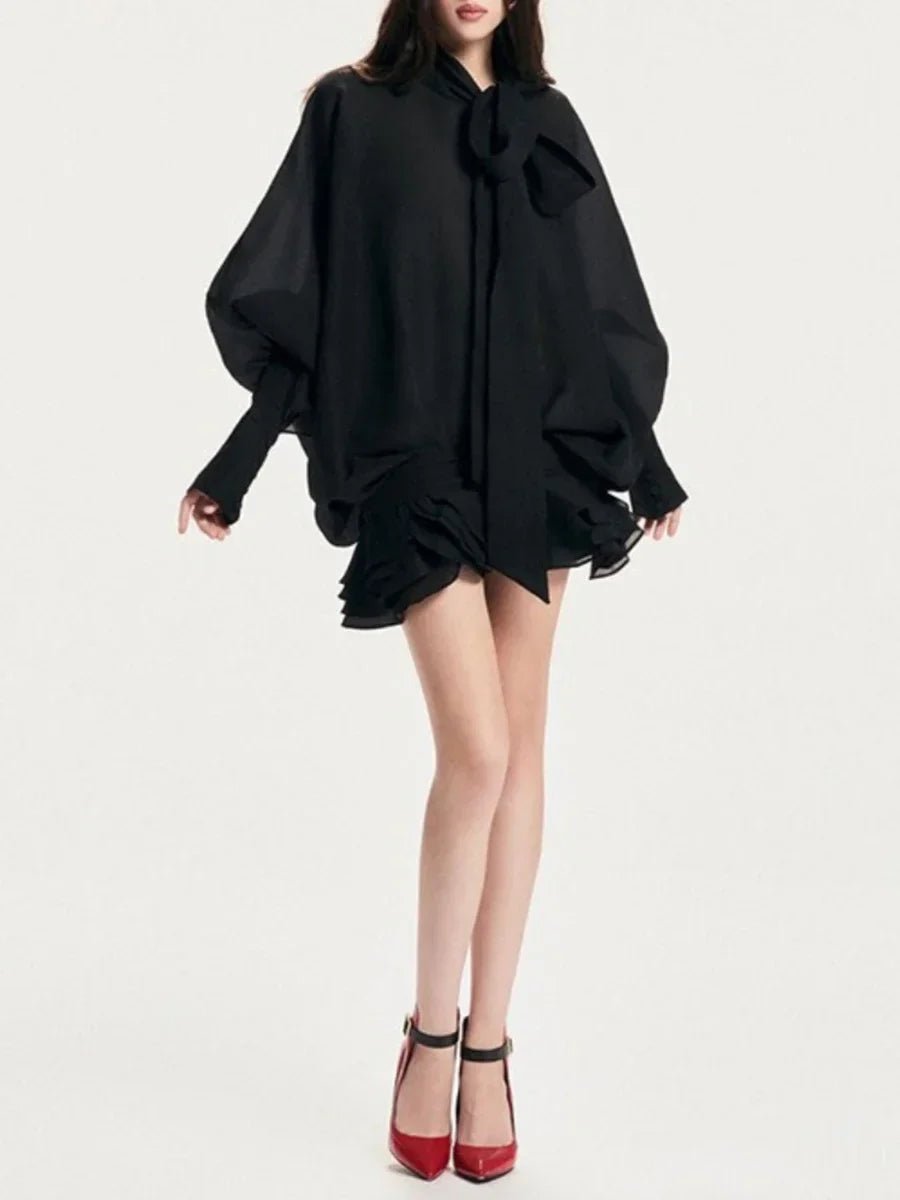 Solid Slimming Fashion Mini Dresses for Women Round Neck Long Sleeves Patchwork Lace Up Temperament Dress Female