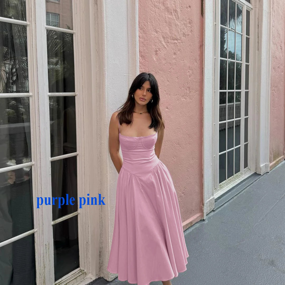 Suninheart Elegant Spaghetti Strap Midi Dress Slim A Line Party Dresses Navy Blue Casual Birthday Holiday Dress Women's clothing purple pink