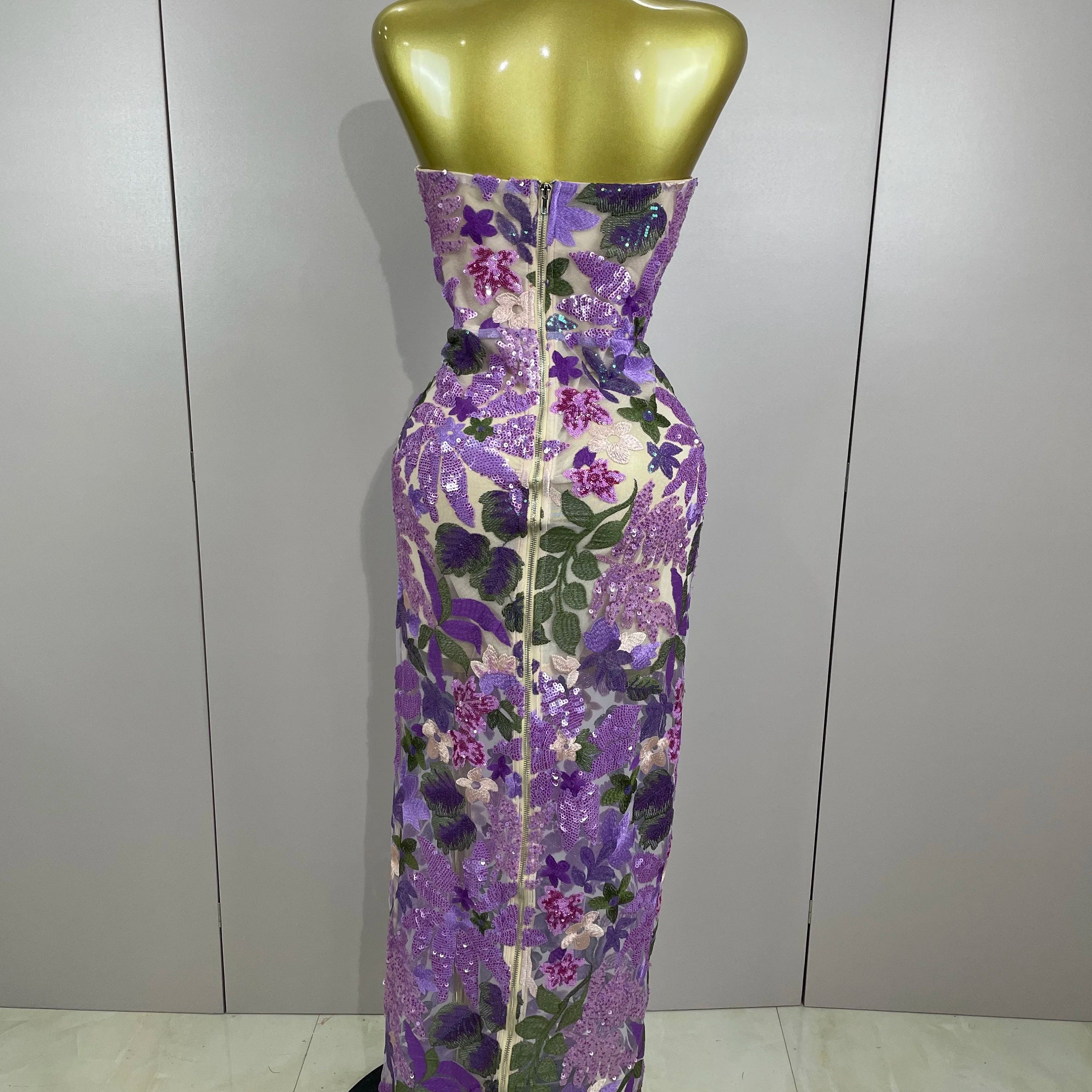 2025 New Sexy Strapless Floral Sequin Long Dress Women Sequins Flower Backless Long Slim Dress Evening Party Runway Gown Dress