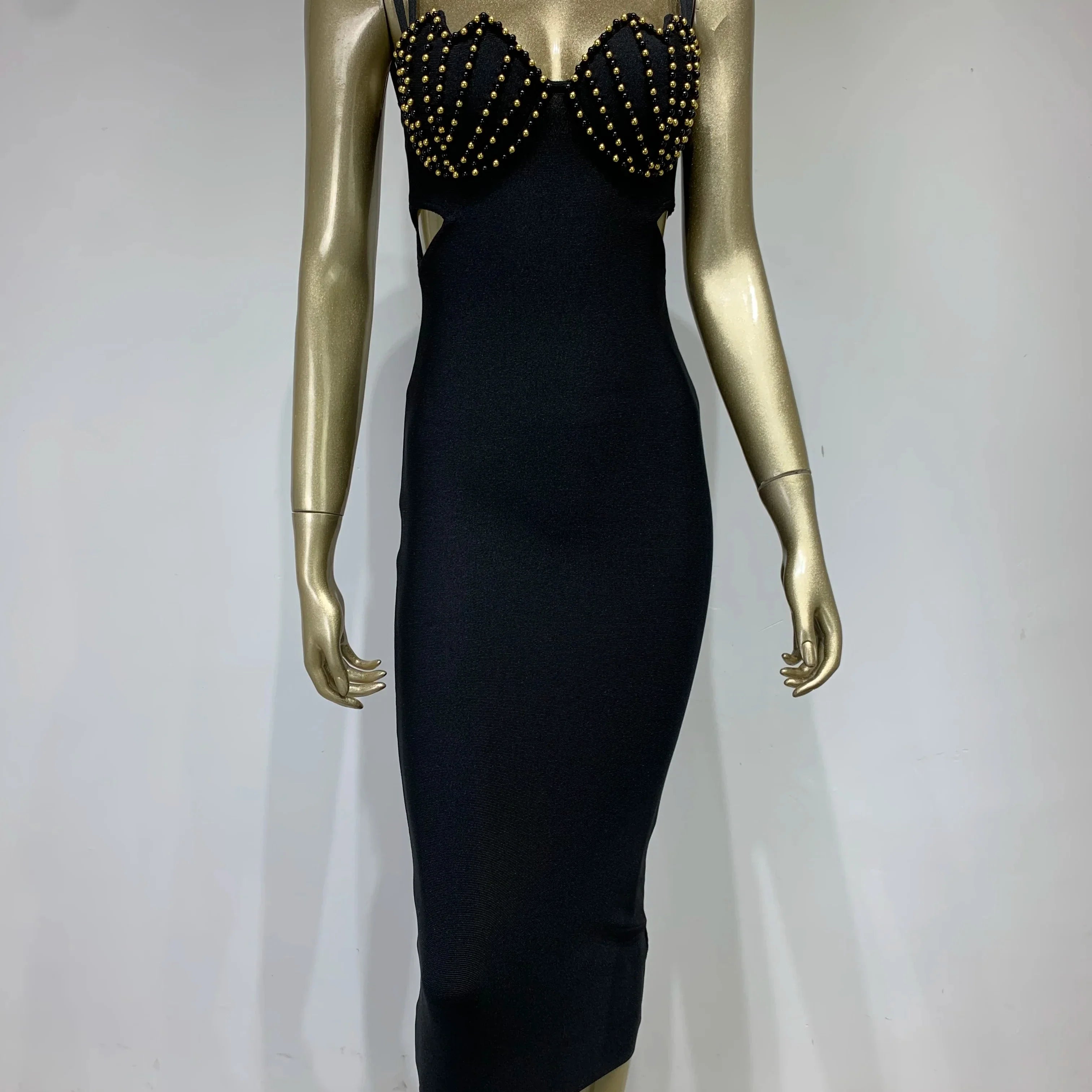 New Summer Women Sexy V Neck Beading White Black Bodycon Midi Bandage Prom Dress Elegant Evening Cocktail Party Dresses
