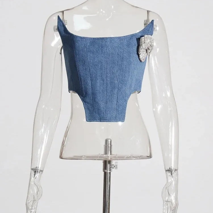 Denim Irregular Vests For Women Slash Neck Sleeveless Patchwork Appliques Slimming Vintage Vest Female Fashion 2023