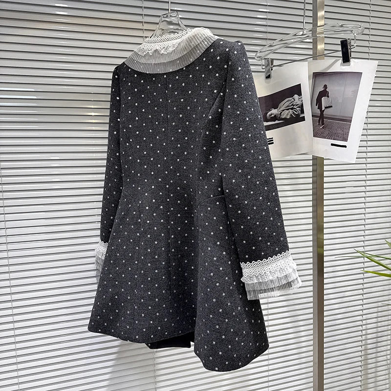 Winter New Fashion Style Diamond Bow Waist Woolen Quilted Trench Coat For Women Elegant Long Windbreaker 11A07557