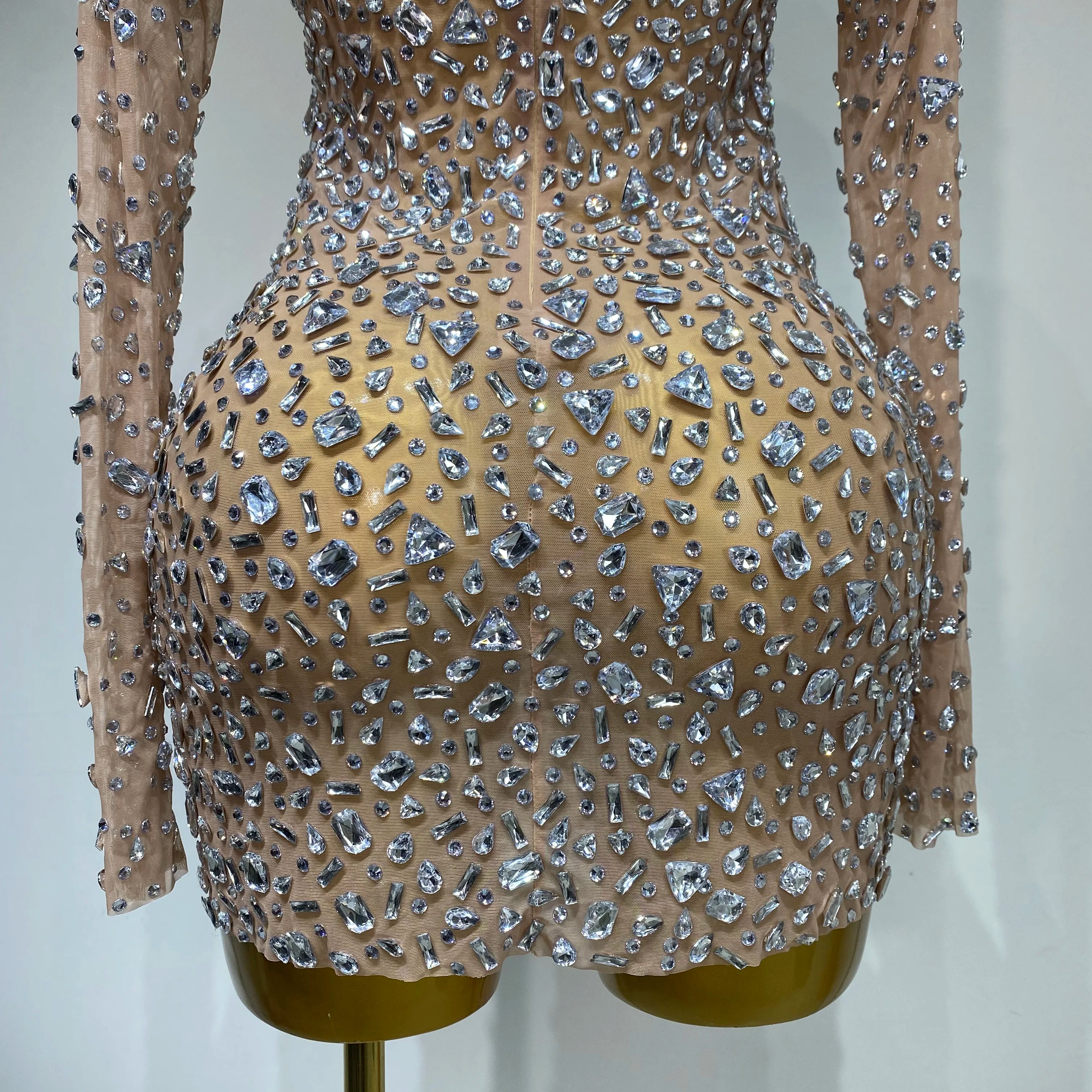 Sparkly Rhinestone Sexy Transparent Mini Dress Celebrity Evening Party Prom Birthday Photo Shoot Nightclub Stage Costume