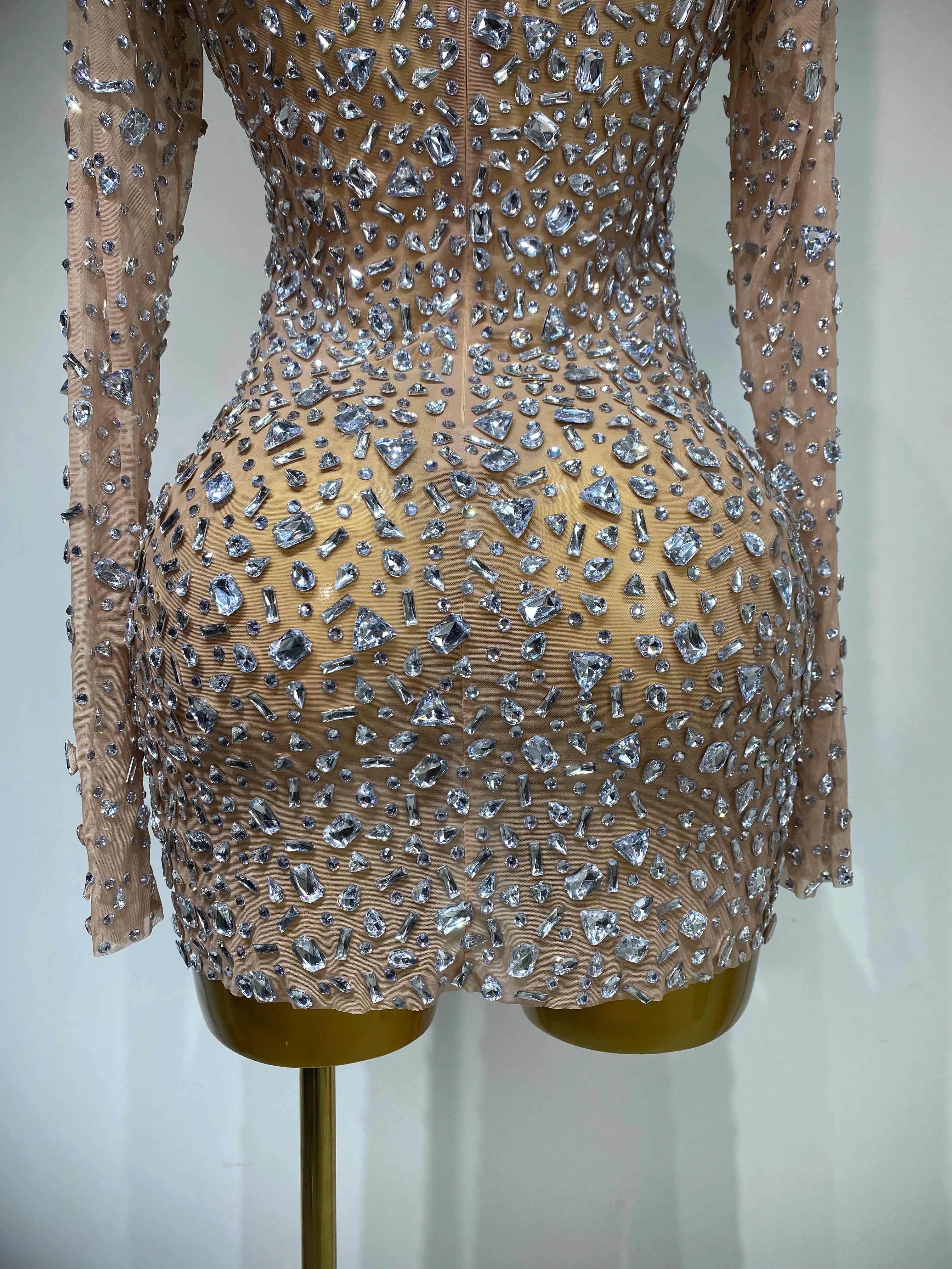 Sparkly Rhinestone Sexy Transparent Mini Dress Celebrity Evening Party Prom Birthday Photo Shoot Nightclub Stage Costume