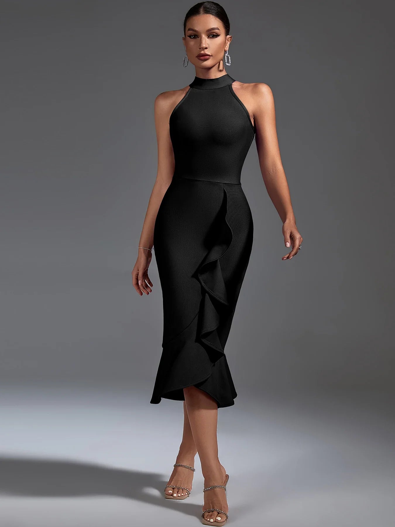 Black Bandage Dress Women Mdi Party Dress Bodycon Elegant Ruffle Mermaid Sexy Birthday Evening Club Outfits black