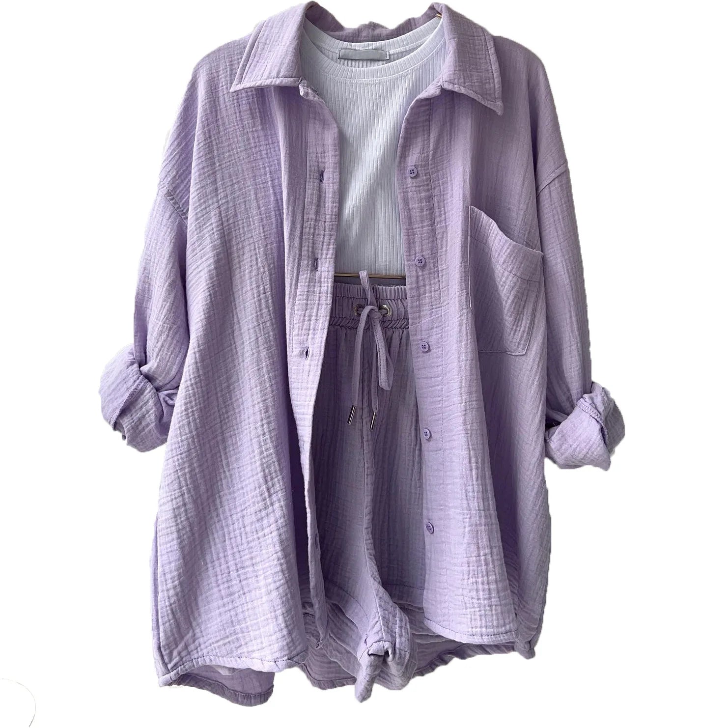 2 Piece Casual Sleepwear Cotton Pajamas for Women Turn-Down Collar Sleep Tops Suits with Shorts Gauze Cardigan Homewear Summer Lavender