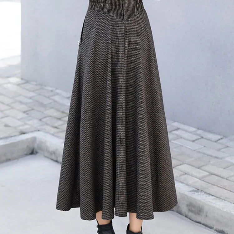 High Waist Vintage Houndstooth Plaid Warm Wool Long Skirt For Women 2023 Elegant Casual Big Swing A-Line Saias Longas Female coffee