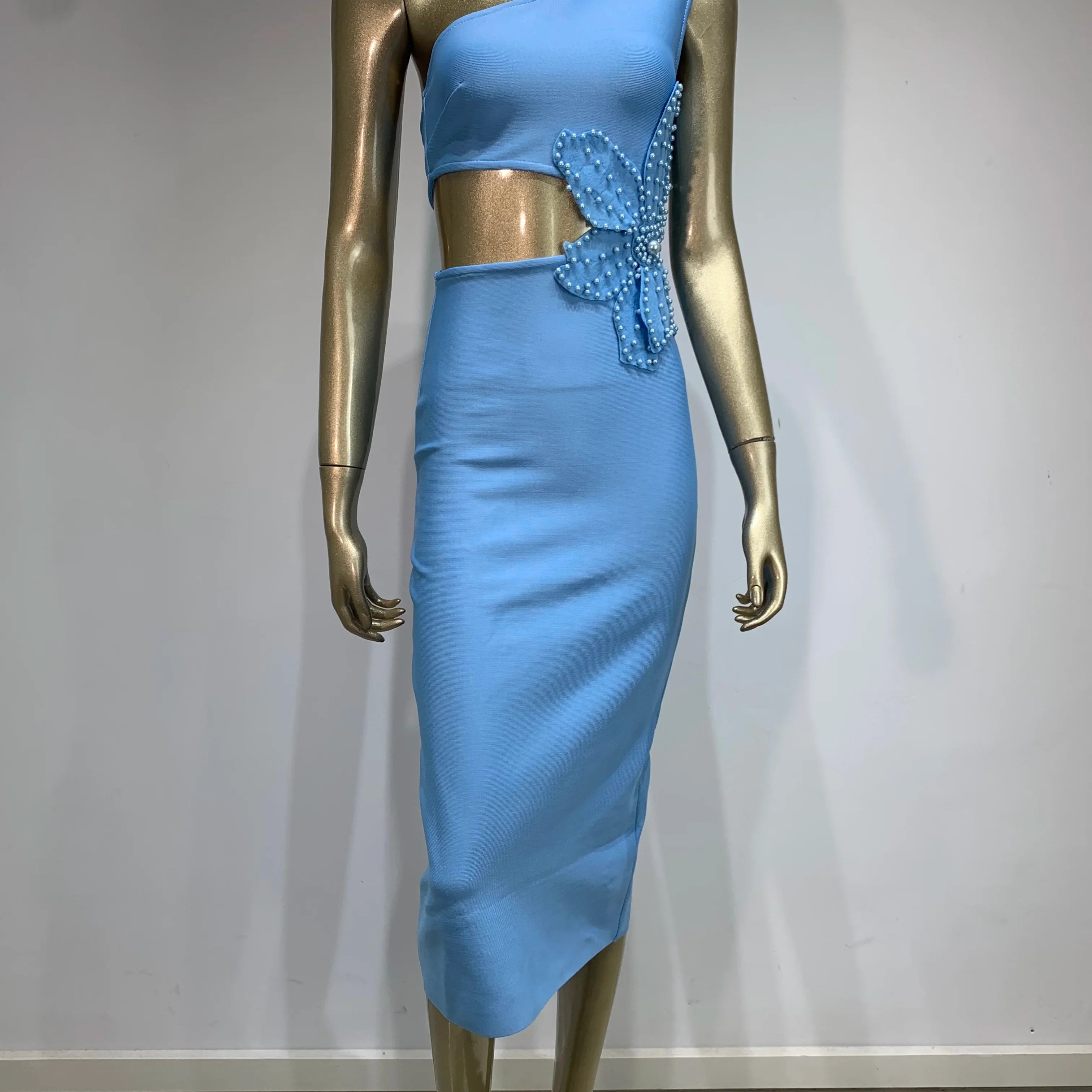 Bandage Dress Women Celebrity Sexy One Shoulder Cut Out Sky Blue Flower Midi Bodycon Elegant Evening Club Party Dress
