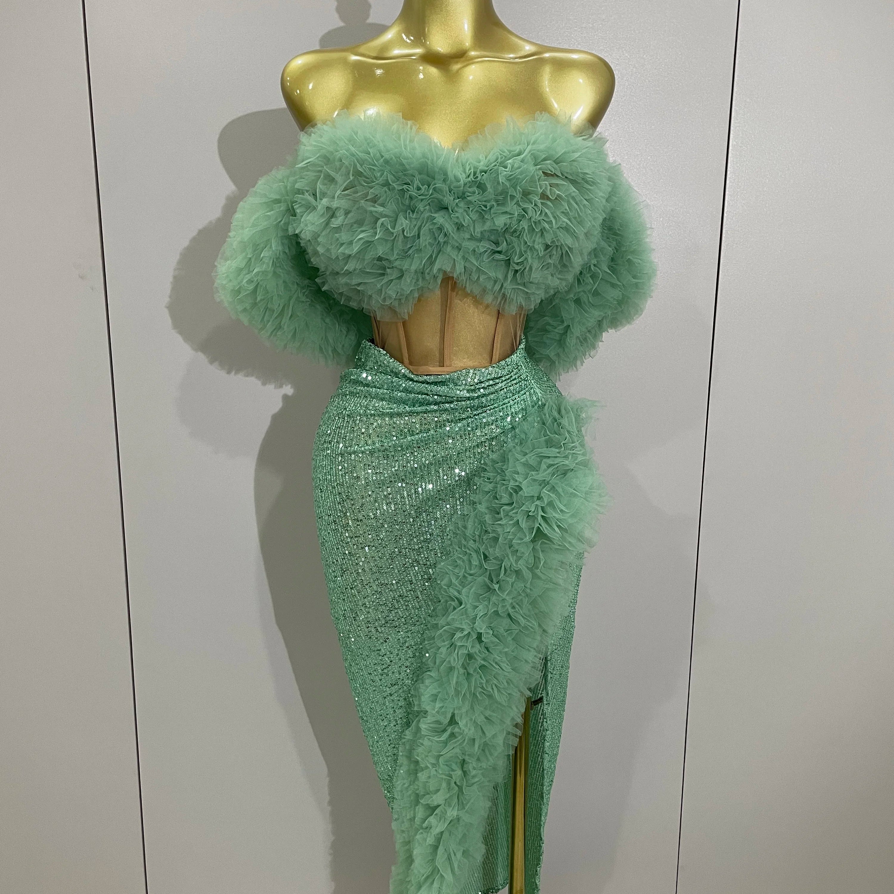 Shiny Sequins Top Short Skirt Two Pieces Set 2025 Women Sexy Celebrate Evening Prom Birthday Party Dress Nightclub Stage Outfit Mint