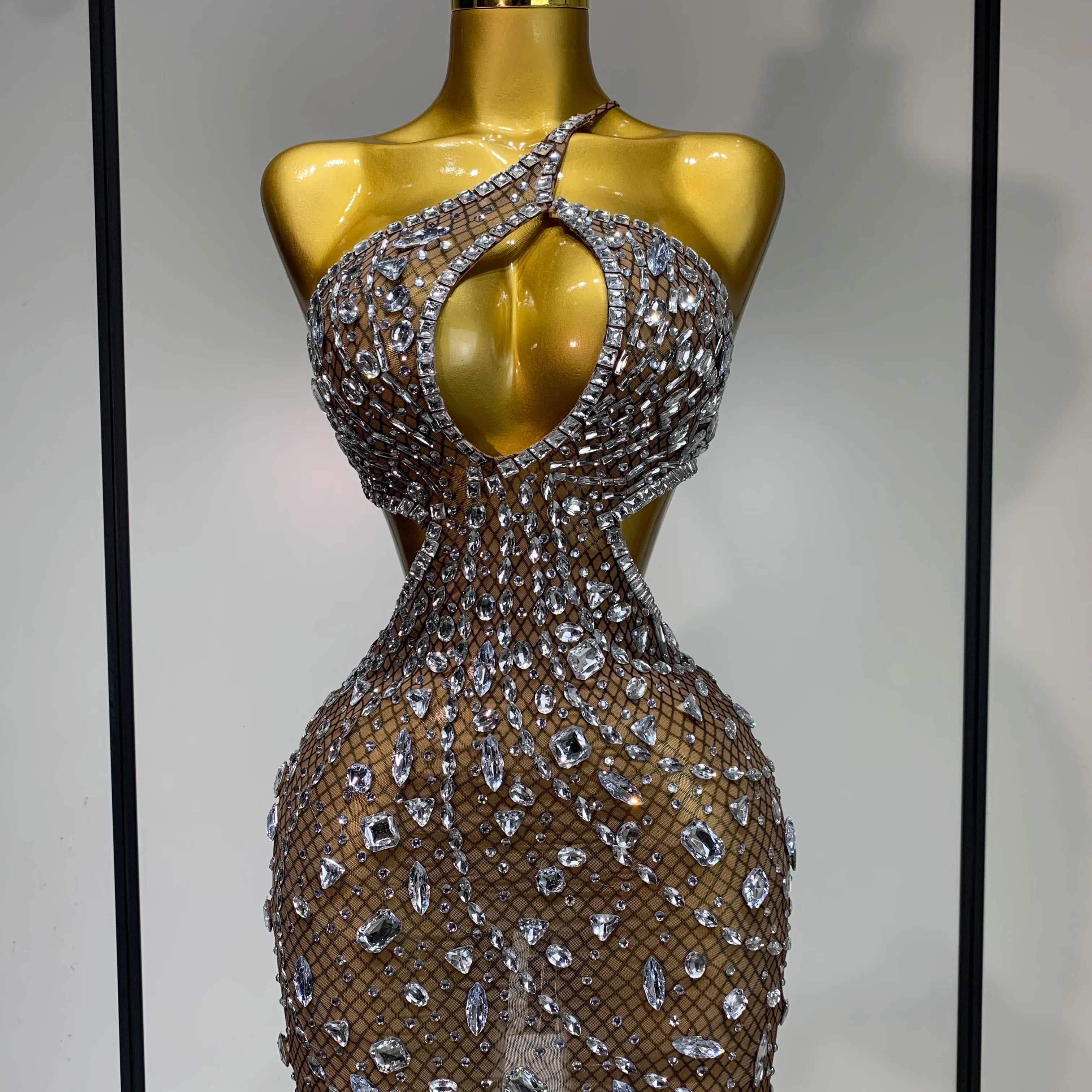 Sparkly Rhinestones Backless Mini Dress Women Sexy Mesh Transparent Celebrate Evening Birthday Dress Photo Shoot Stage Wear Dark Brown