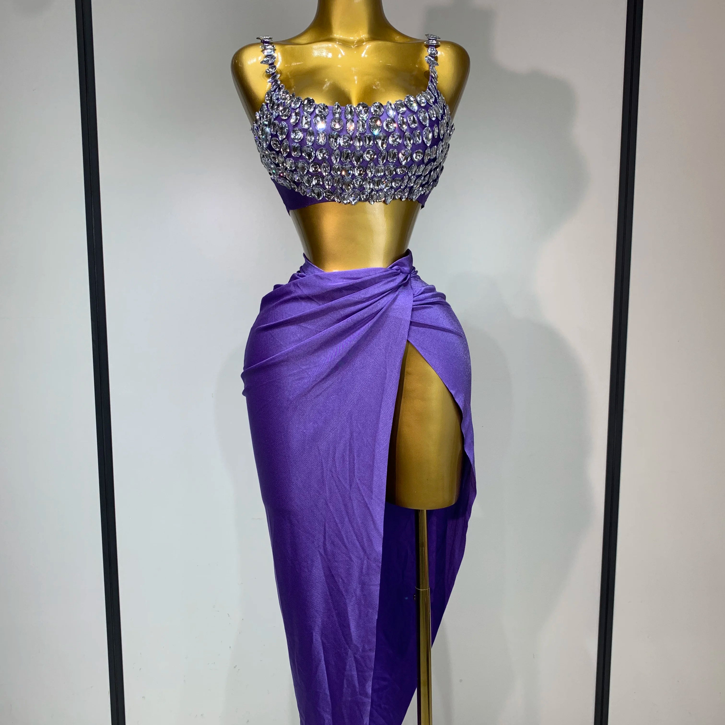 Women Sexy Two Pieces Set Stretched Crystal Diamonds Nightclub Singer Dancer Stage Performance Costume Evening Party Skirt Suits PURPLE