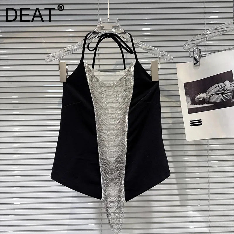 Winter New Fashion Chain Tassel Hollow Design Lace-Up Halter Neck Camisole For Women Backless Tank Tops 11A07579