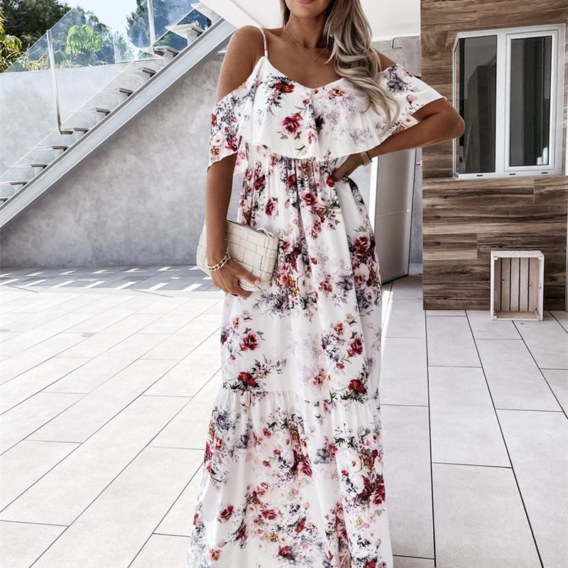 Women Boho Floral Cold Shoulder Elegant fashion Maxi Dress Ladies Summer Ankle-Length