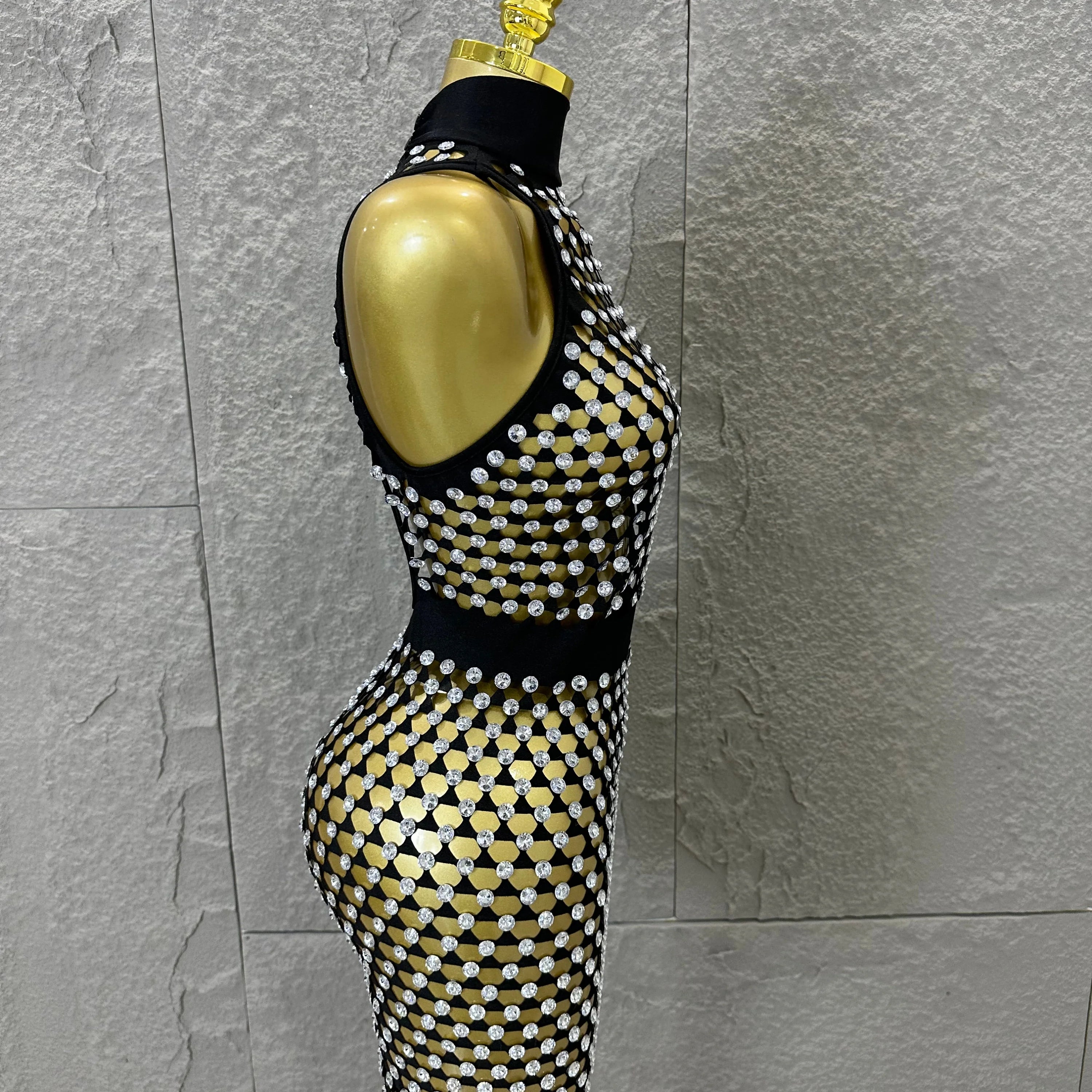 Luxury 2026 Glamorous Black Mesh Halter Mini Dress Sparkle Rhinestone Gold Silver Bead Bodycon Bar Stage Performance Costume