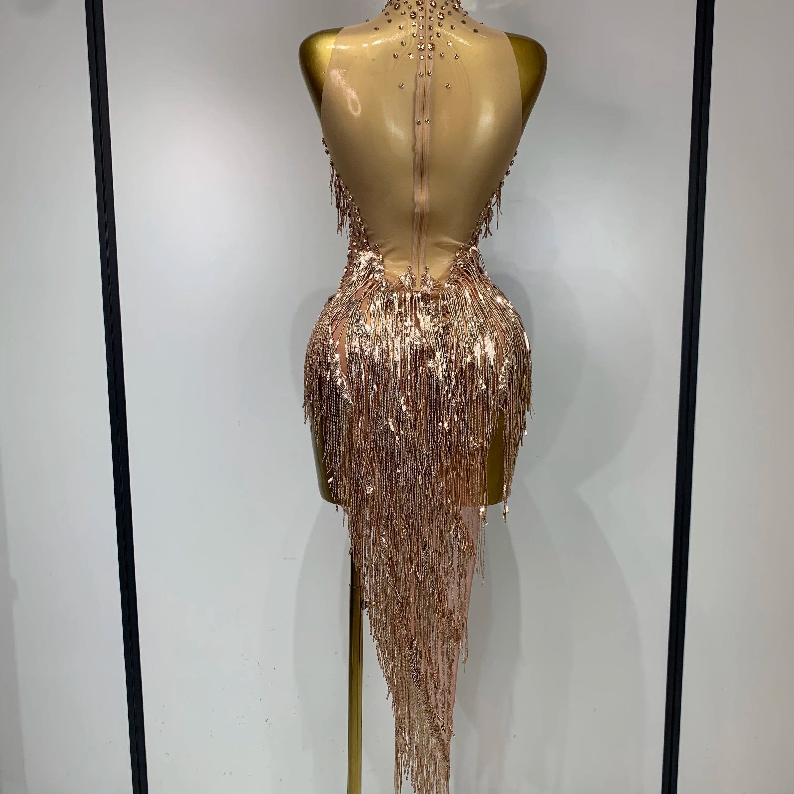 Women Sexy Stretch Mesh Sparkly Rhinestone Tassels Mini Dress Nightclub Singer Dance Stage Costume Evening Party Birthday Gowns