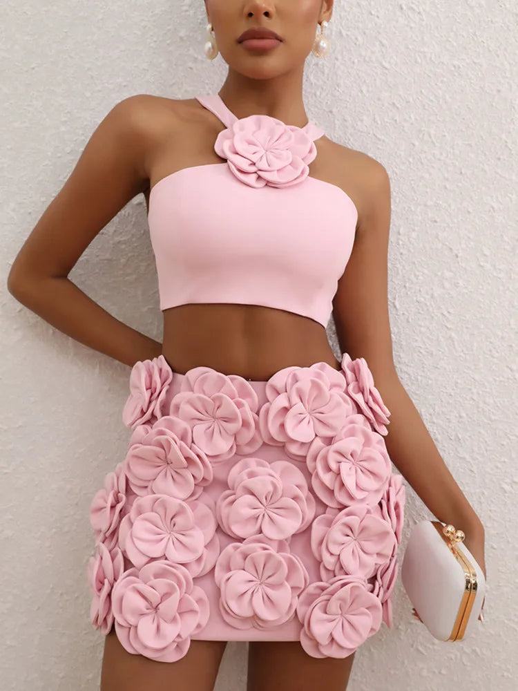 Women Celebrity Sexy Tank Flower Backless Pink Mini Summer Skirt Set 2024 Elegant Evening Club Party Outfits