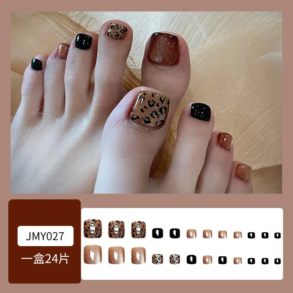 24pcs Red French False Toenails Summer Square Fake Toenails Wearable Detachable Cherry Diamond Decor Press on Nails for Toe 5