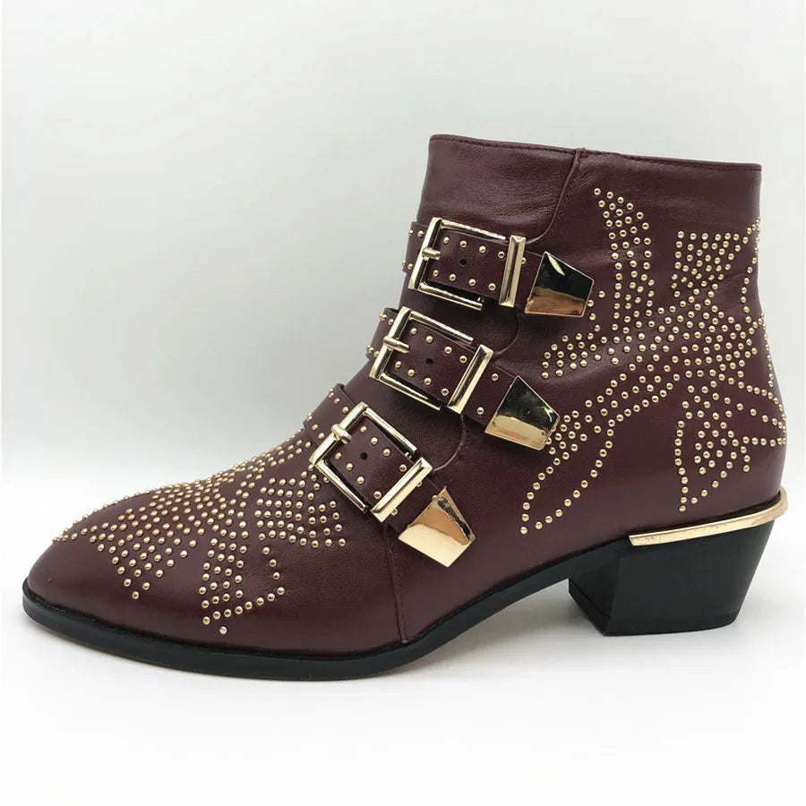 Women's Ankle Boots Rivet Flower Susanna Studded Cowboy Boots Genuine Leather Luxury Shoes Ladies Botines Mujer Wine red gold