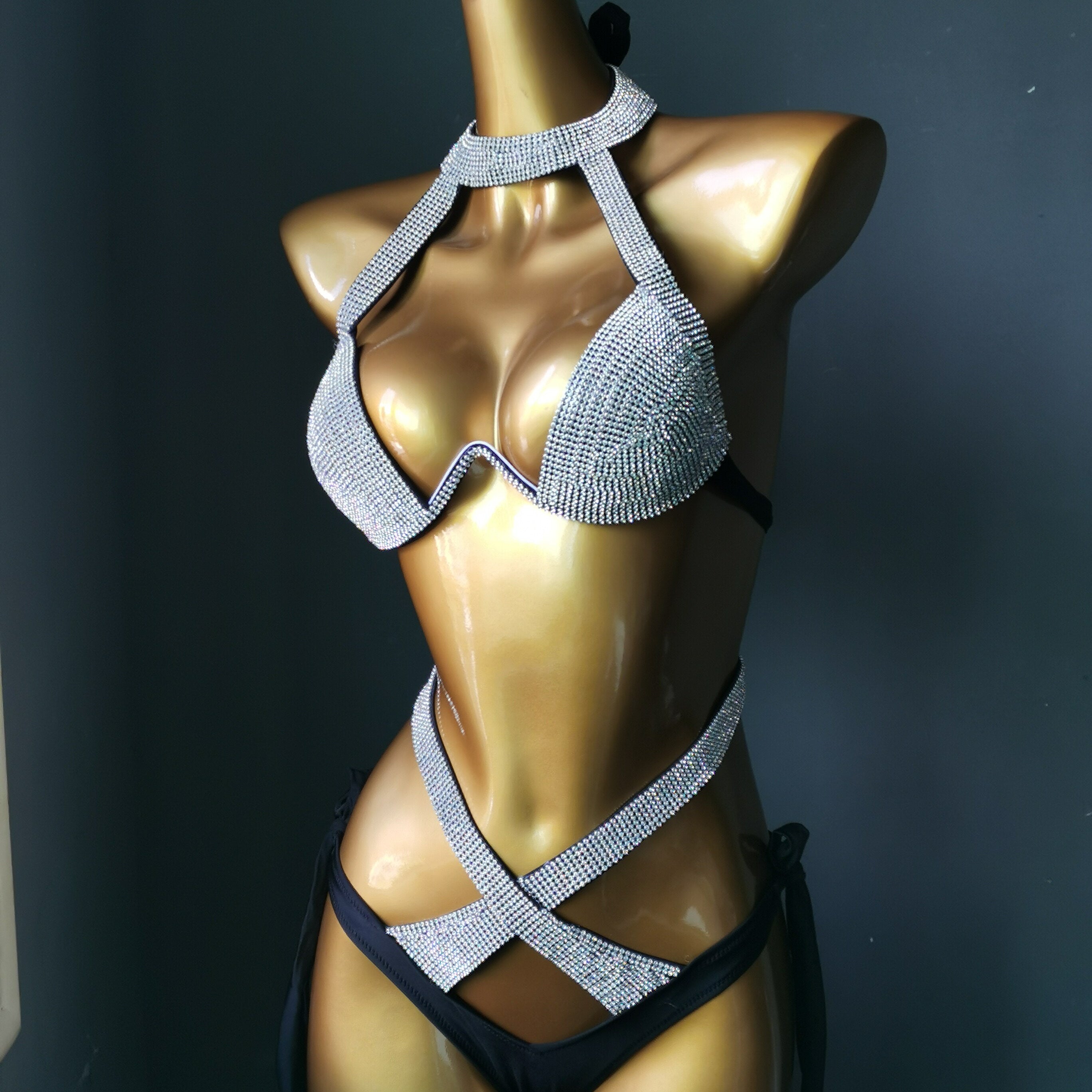 Sexy Gathered Bikinis Crystal Diamond Rhinestone Women's Swimwear Push Up Halter Bandage Female's Swimsuit Black