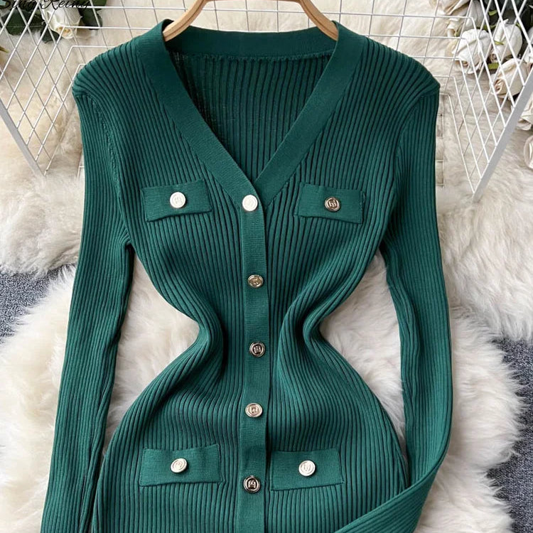 SINGREINY Winter Slim Design Knitted Dress V Neck Single Breasted A Line Split Midi Dress Long Sleeve Women Sweater Long Dress