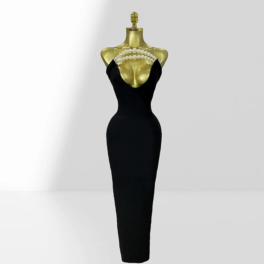 Stereoscopic Pearl Design Sexy V-Neck Package Hips Black Bandage Long Dress Elegant Woman Party Dress Celebrity Benquet Vestido