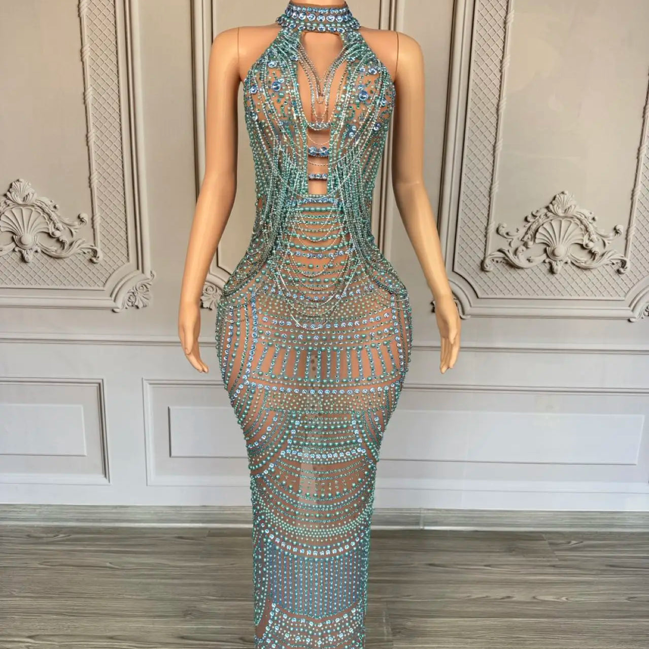 Luxury Couture Rhinestone Elegant Evening Dress Women Birthday Celebrate Party Gown Sexy Mesh See Through Photo Shoot Dress Miwu