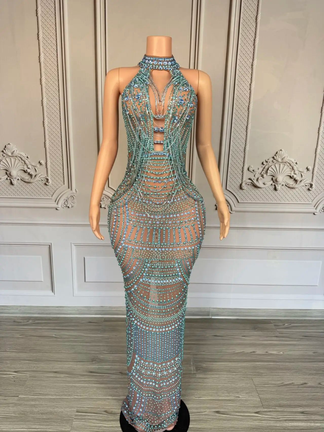 Luxury Couture Rhinestone Elegant Evening Dress Women Birthday Celebrate Party Gown Sexy Mesh See Through Photo Shoot Dress Miwu