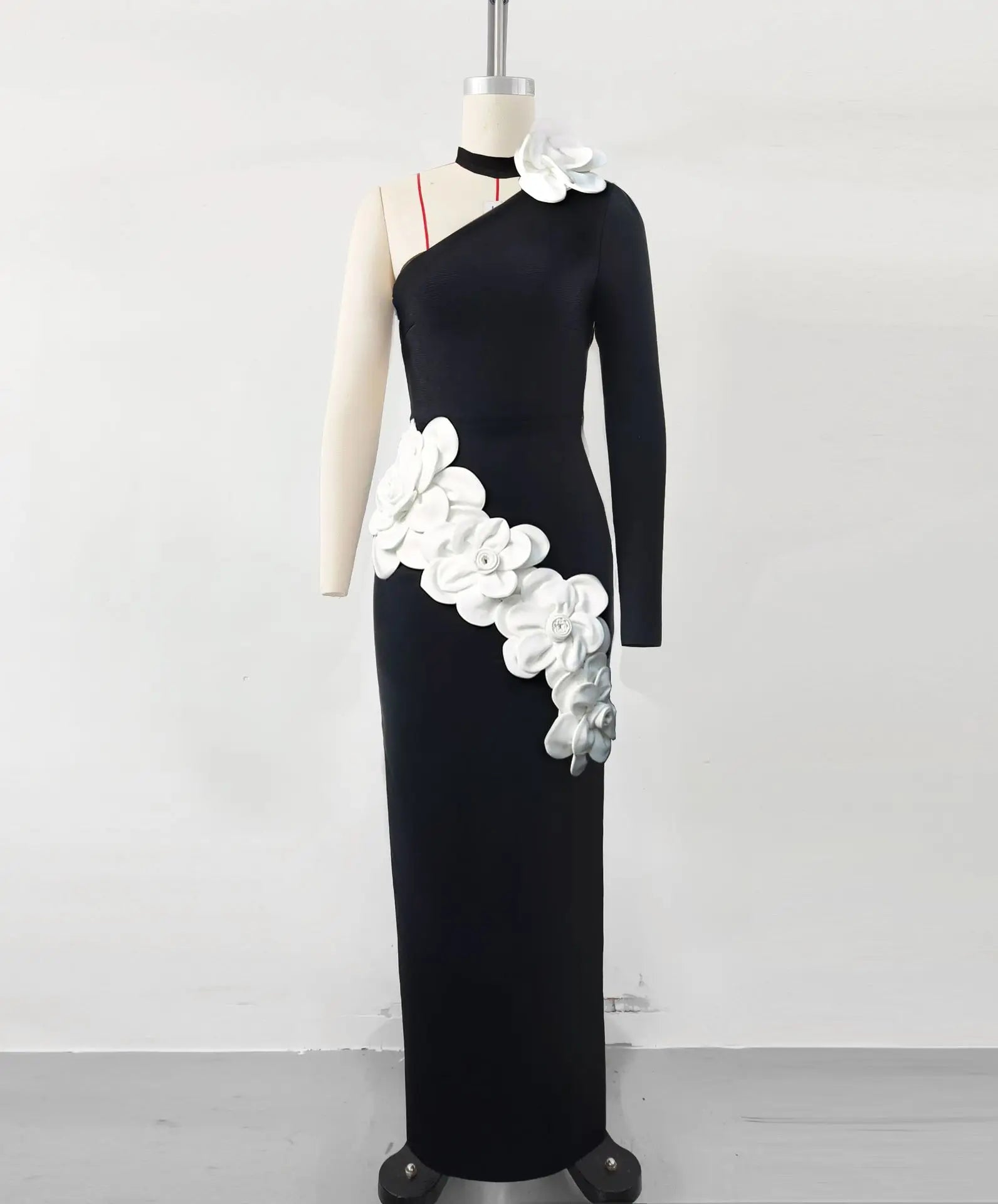 Women Sexy One Sleeve White Florals Bodycon Long Bandage Dress Fashion Nightclub Party Cocktail Outfit Vestido black