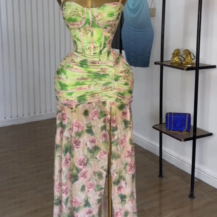 Women Sleeveless Floral Print Strap Stacked Ruched High Split Tunic Maxi Long Dress 2025 Birthday Vacation Beach Dresses Light Green