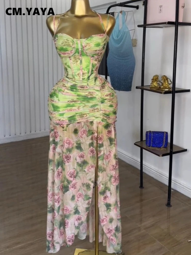 Women Sleeveless Floral Print Strap Stacked Ruched High Split Tunic Maxi Long Dress 2025 Birthday Vacation Beach Dresses Light Green