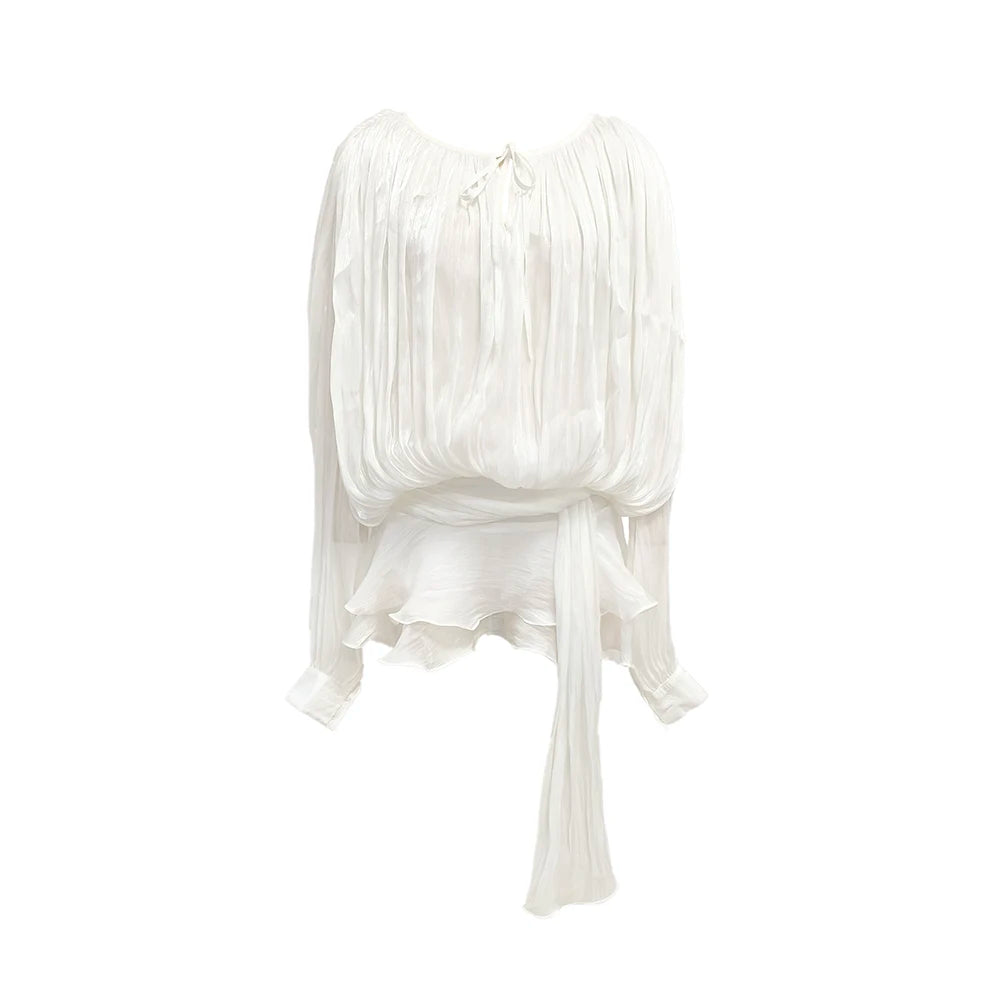 Chic Chiffon Mini Dress with Tie-Neck and Lantern Long Sleeves for a Garden Party Evening Gown WHITE