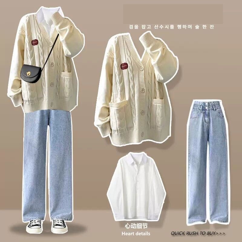 Women's Autumn Winter Loose Sweater Coat+Shirt+Jeans Three Piece 2024 New Matching Set Korean Elegant Cardigan Denim Pants Suit Set 05