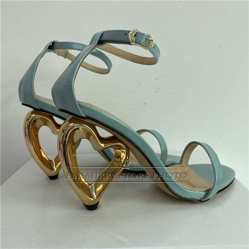 Unique Fretwork Heart-Shaped Heel Sandals Women 2024 Concise One-strap Strange Heels Summer Party Shoes Woman