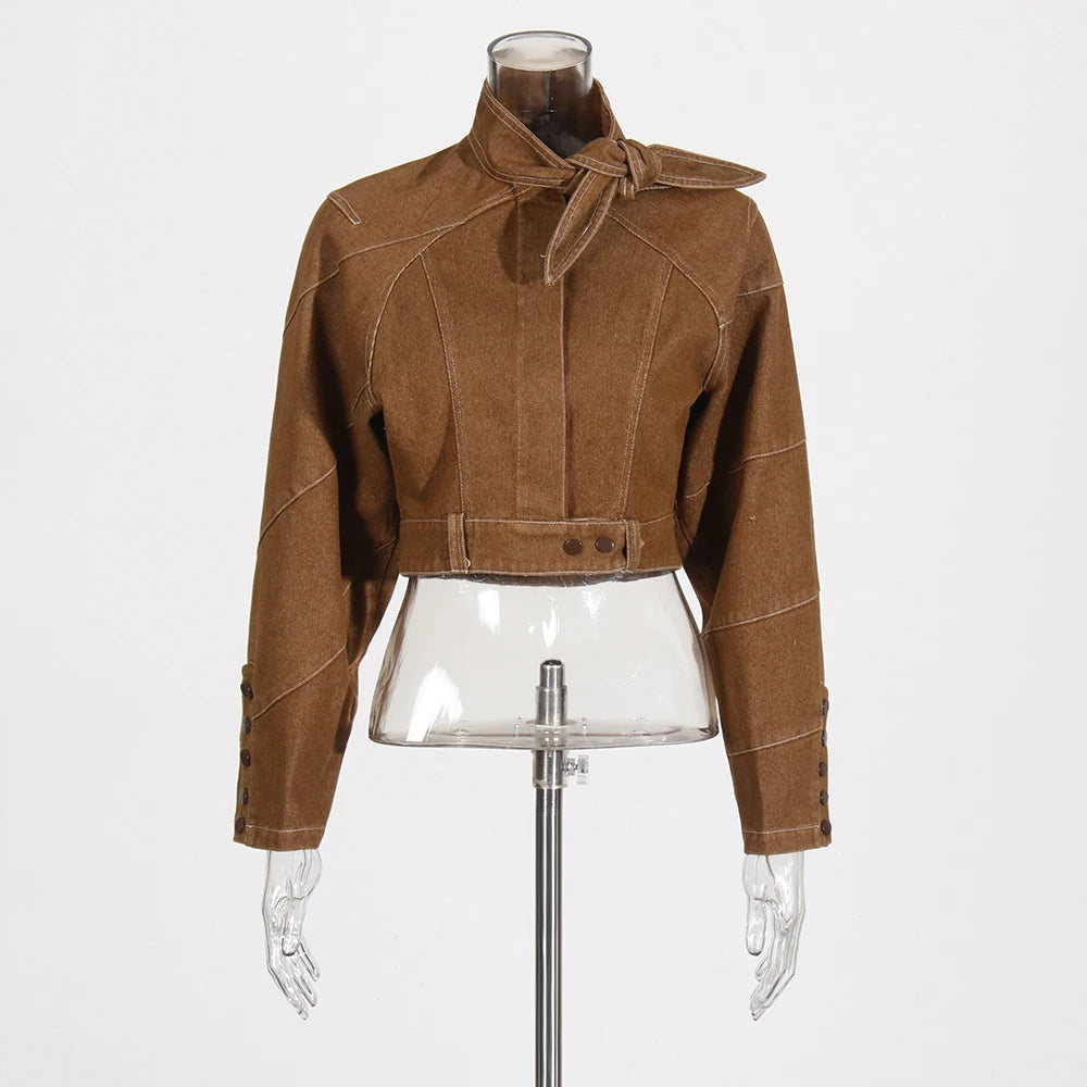 Fashion Two Piece Set for Women Stand Neck Long Sleeve Spliced Button Coat High Waist Pants Female Temperament New