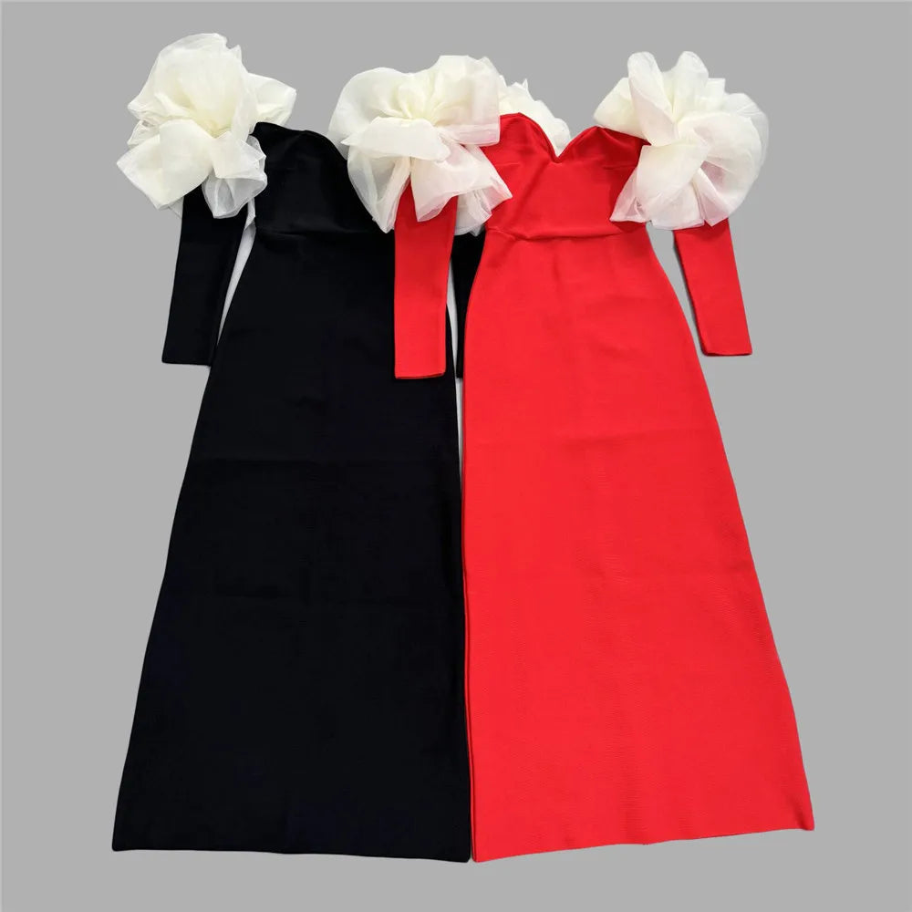 Black Red Color Women Sexy Off the Shoulder Long Sleeve Florals Bodycon Long Bandage Dress Celebrate Evening Party Outfit