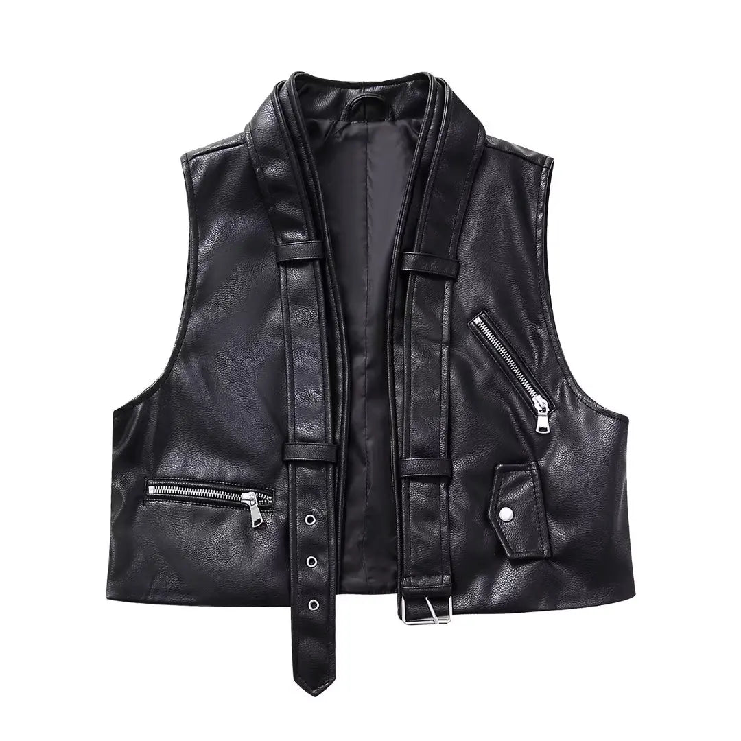 Women New Fashion Strip decoration Cropped Locomotive style Faux leather Vest Vintage sleeveless Female Waistcoat Chic Tops Vest