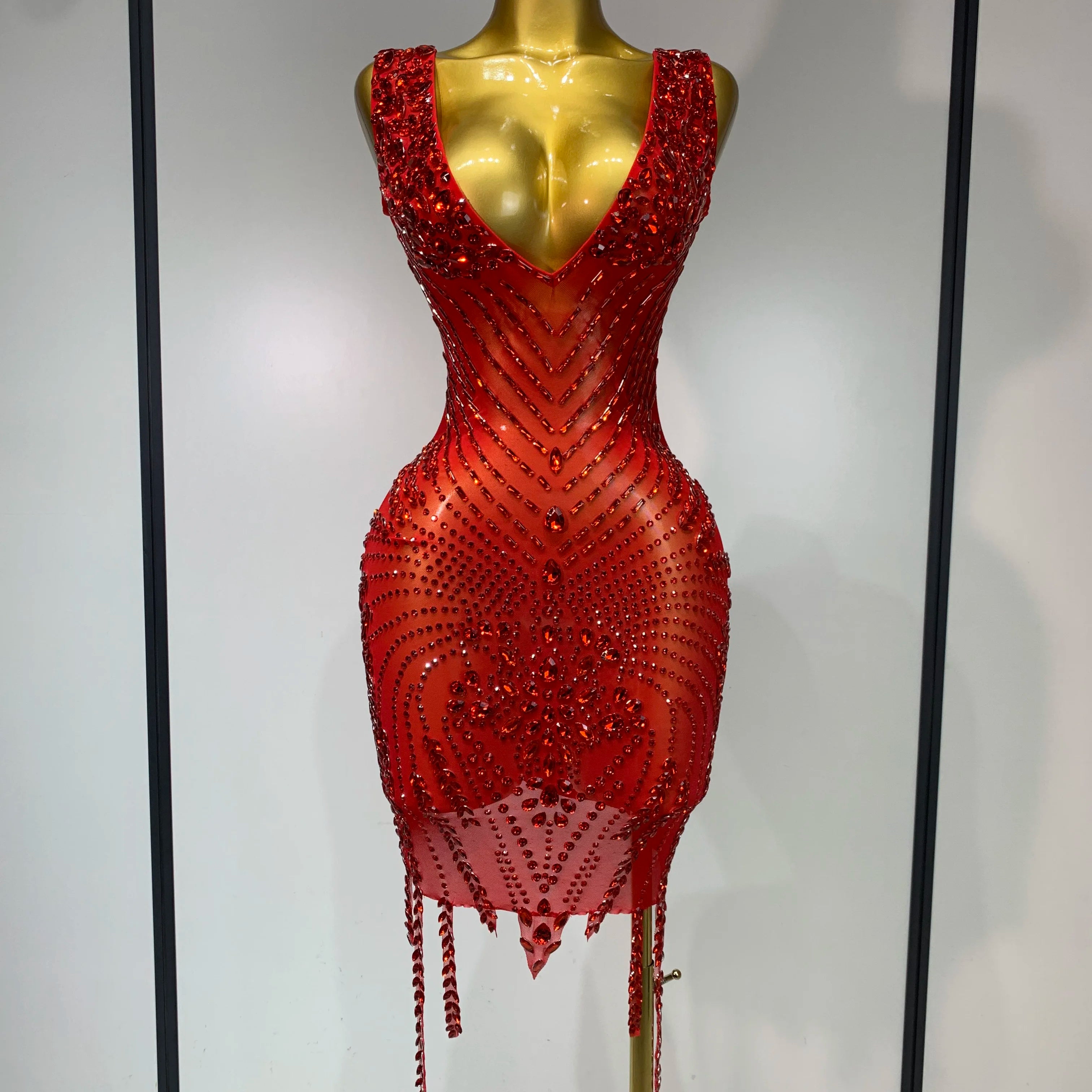 Sparkly Rhinestone Mesh See Through V Neck Dress Women Sexy Performance Stage Costume Evening Party Club Luxury Birthday Outfit Red