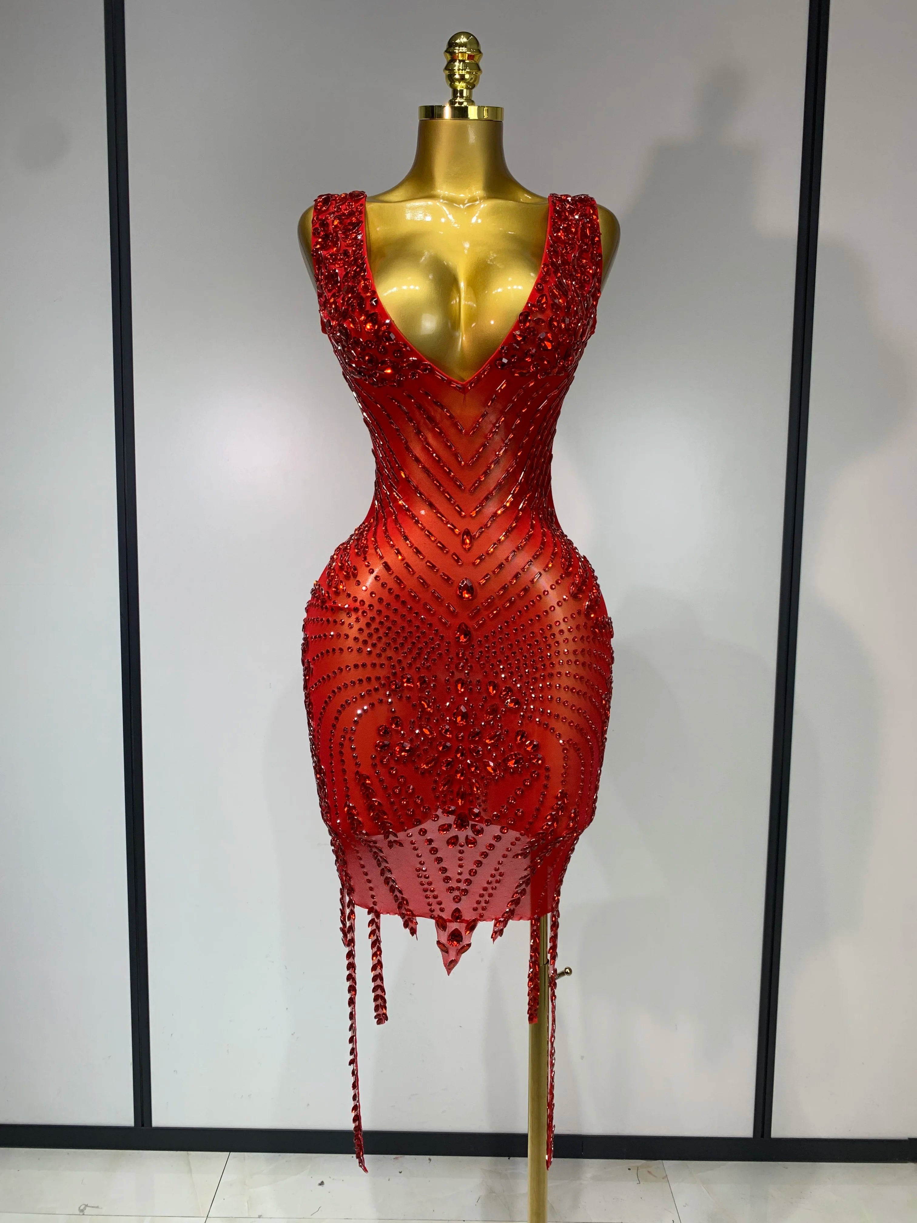 Sparkly Rhinestone Mesh See Through V Neck Dress Women Sexy Performance Stage Costume Evening Party Club Luxury Birthday Outfit Red