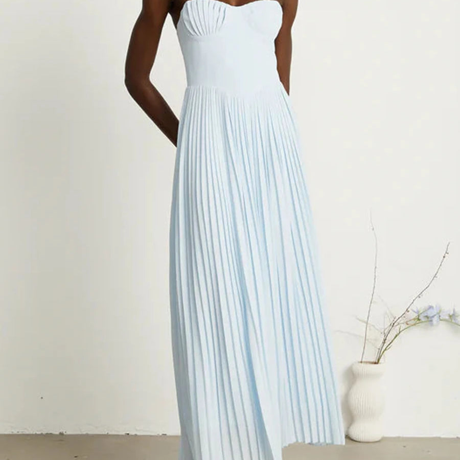 Solid Slimming Elegant Midi Dresses for Women Strapless Sleeveless Patchwork Fold Dress Female Temperament Clothing