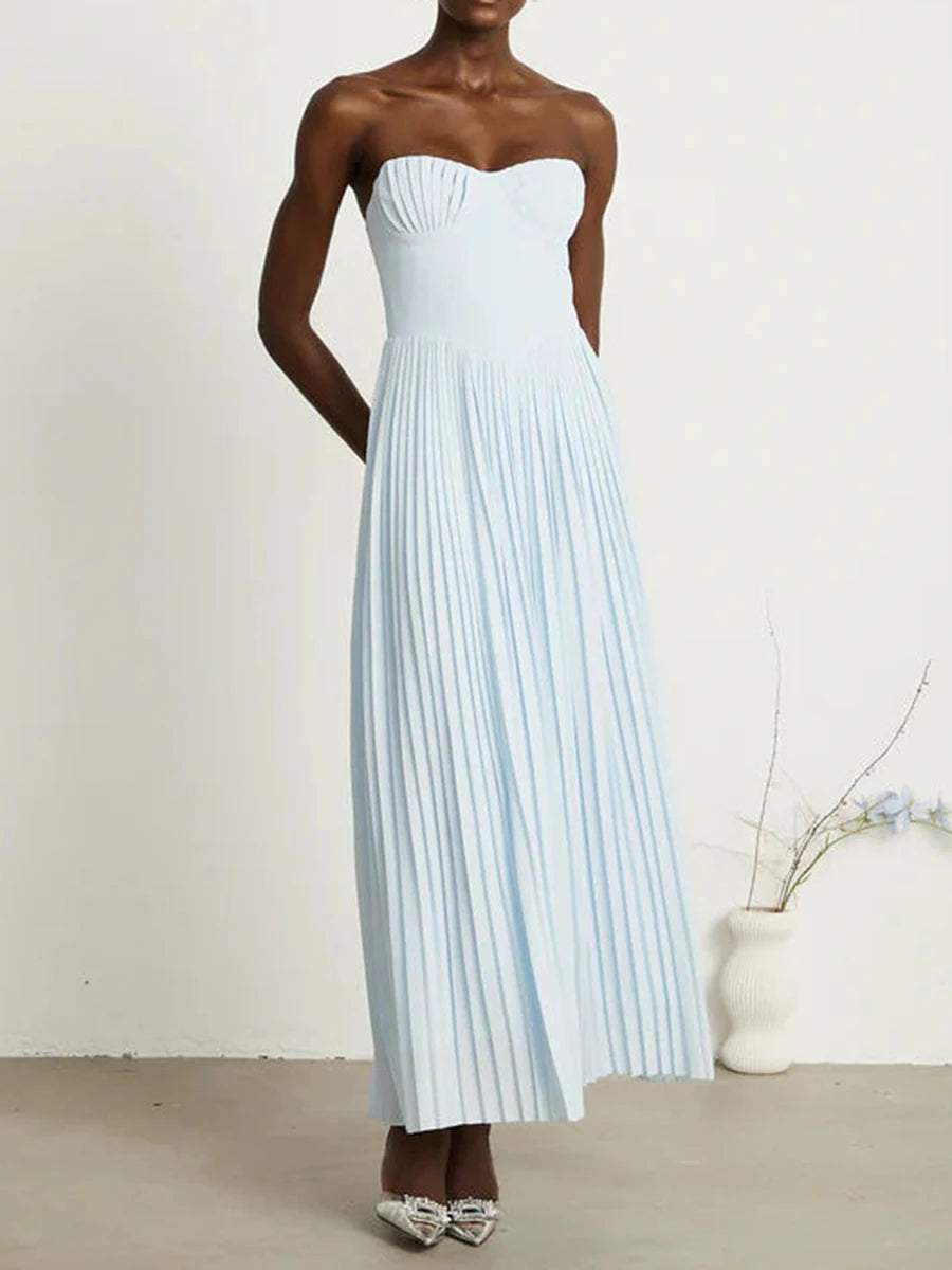 Solid Slimming Elegant Midi Dresses for Women Strapless Sleeveless Patchwork Fold Dress Female Temperament Clothing