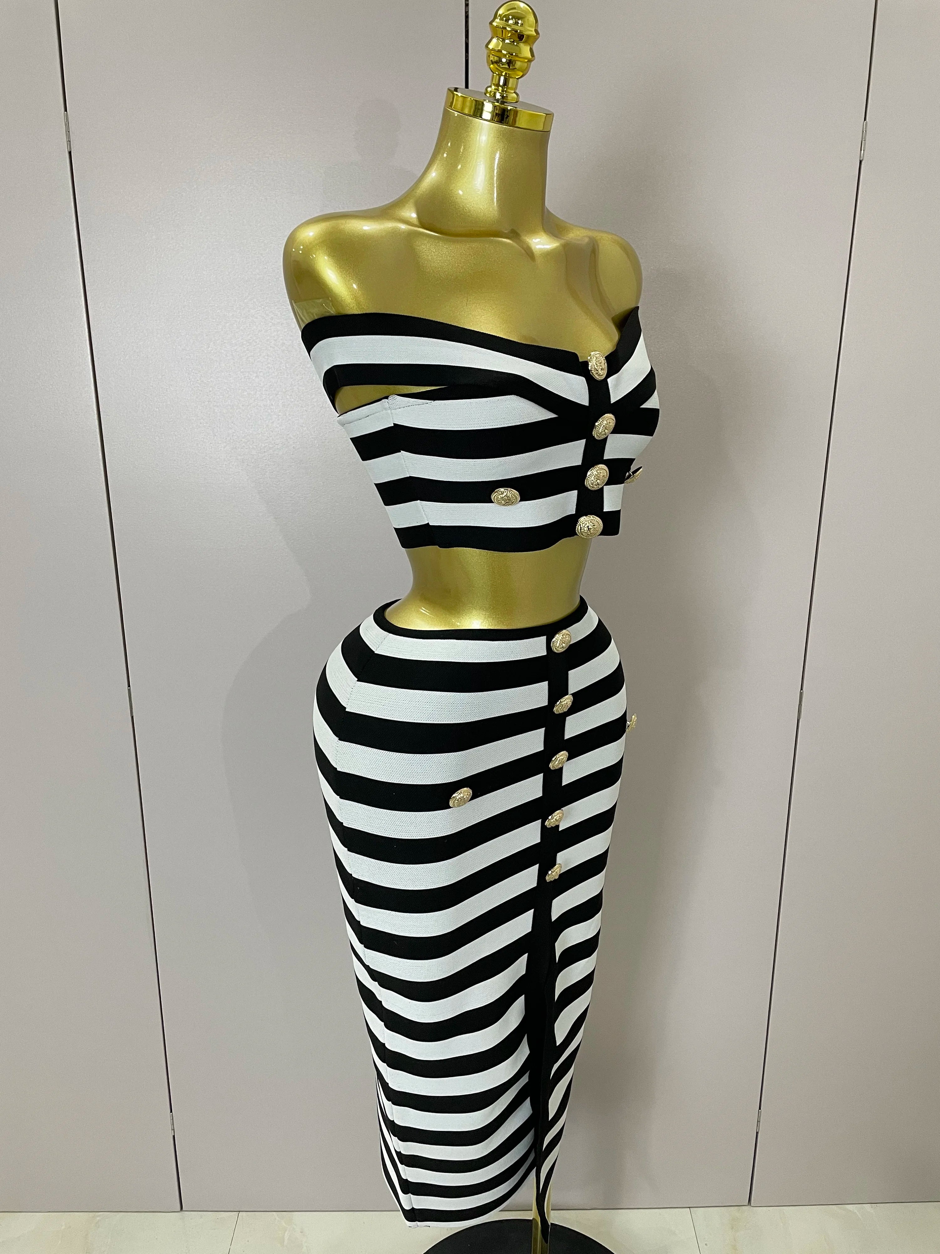 Sexy Off Shoulder Striped Button Two Piece Mini Bandage Set 2025 Women Celebrity Designer Evening Party Luxury Birthday Outfit