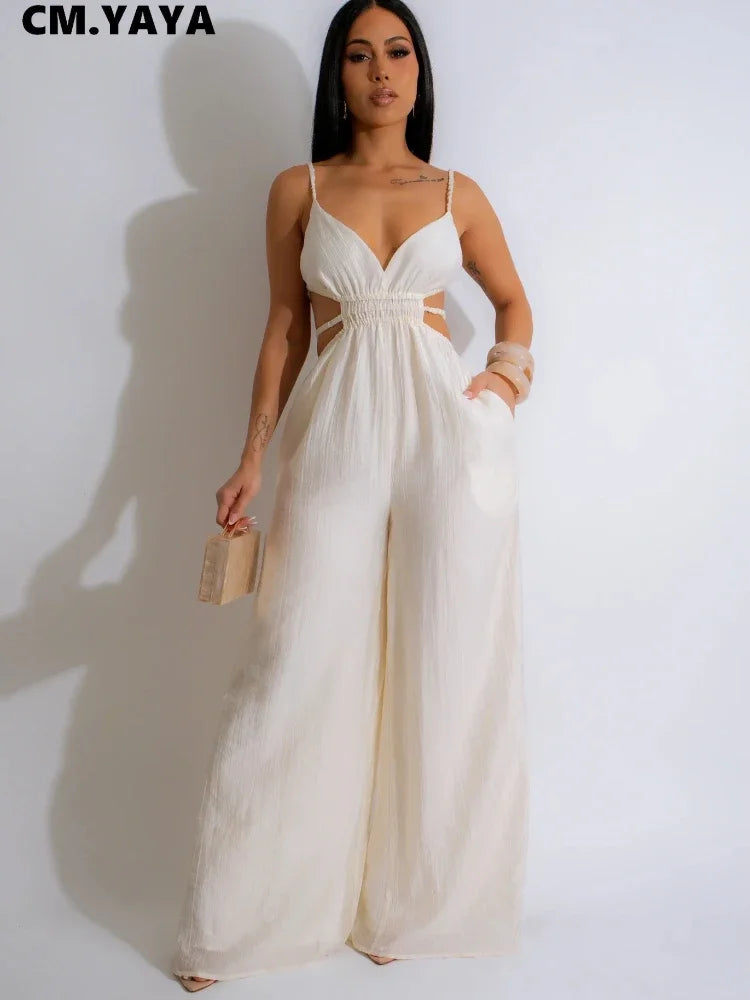 Women Sleeveless Strap V-neck Backless Wide Leg Long Jumpsuits 2025 Summer Beach Night Club Street Sexy Outfit Rompers