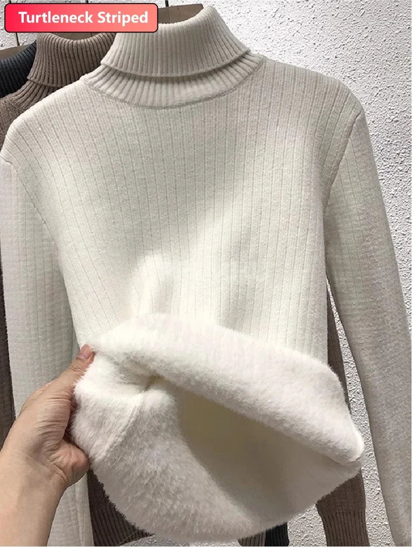 Warm Knit Pullover New Thicken Turtleneck Sweater For Winter Women Casual Slim Plush Lined Soft Long Sleeve Knitwear Jumper Tops striped white