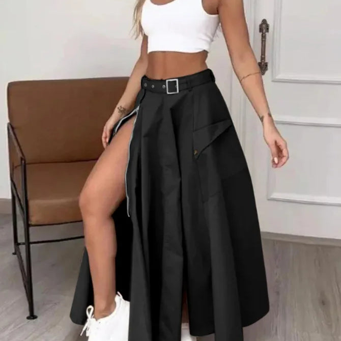 Women Fashion Pocket Front Zipper Slit Slim High Waist Maxi Skirt Streetwear Casual Safari Solid Long Skirts black