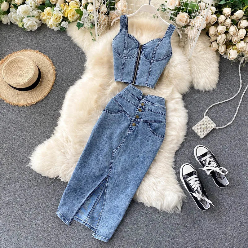 Women Denim Sets Sleeveless Strap Crop Top and Long Skirts Suits 2024 Summer Jeans Streetwear Two 2 Piece Sets Outfits Blue